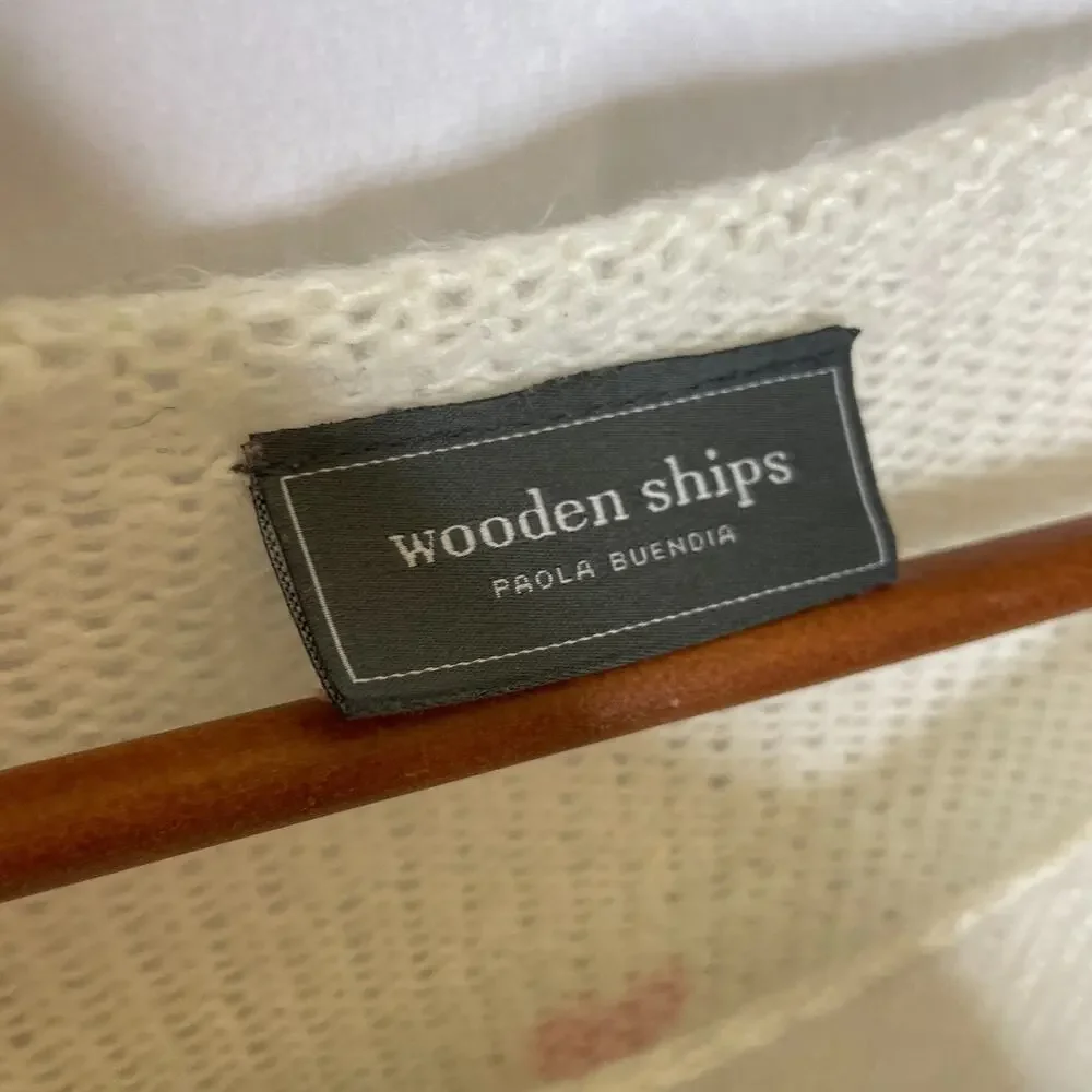 Women's Small Wooden Ships White Heart Print Scoop Neck Sweater Pullover
